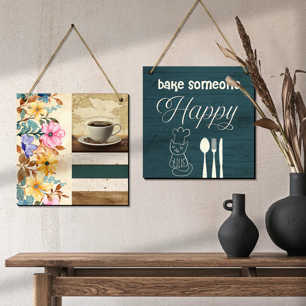 Wooden Wall Hanging | wall Decor for Kitchen | Wall Decoration | Wall Hanger - Square shape Home Decor Items set of 2