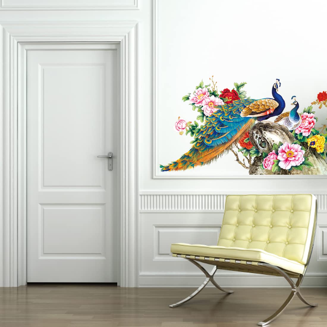 Elegant Peacock and Peony Floral Wall Decal Peel and Stick Premium Vinyl Nature Art for Living Room and Bedroom Decor