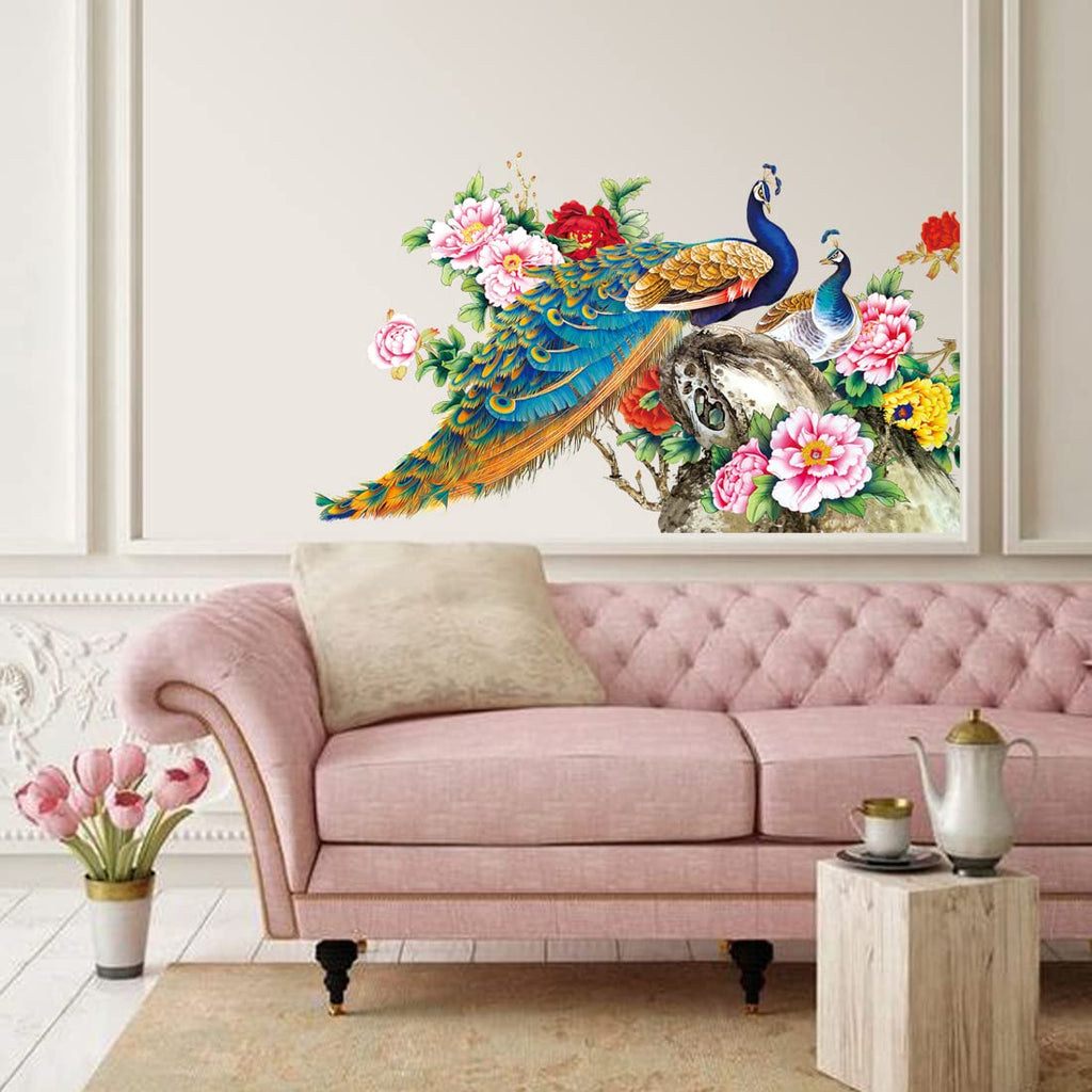 Elegant Peacock and Peony Floral Wall Decal Peel and Stick Premium Vinyl Nature Art for Living Room and Bedroom Decor