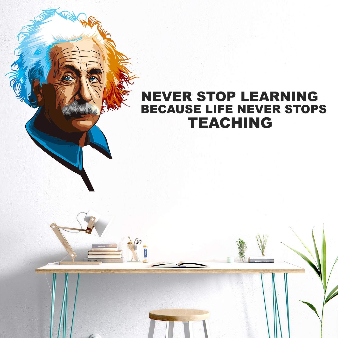 Albert - Einstein -Never Stop Learning - Because - Life Never Stop - Teaching - Inspirational - Motivational - Quotes - Wall Sticker (Multi Colour, Vinyl - 100cm X 56 cm)