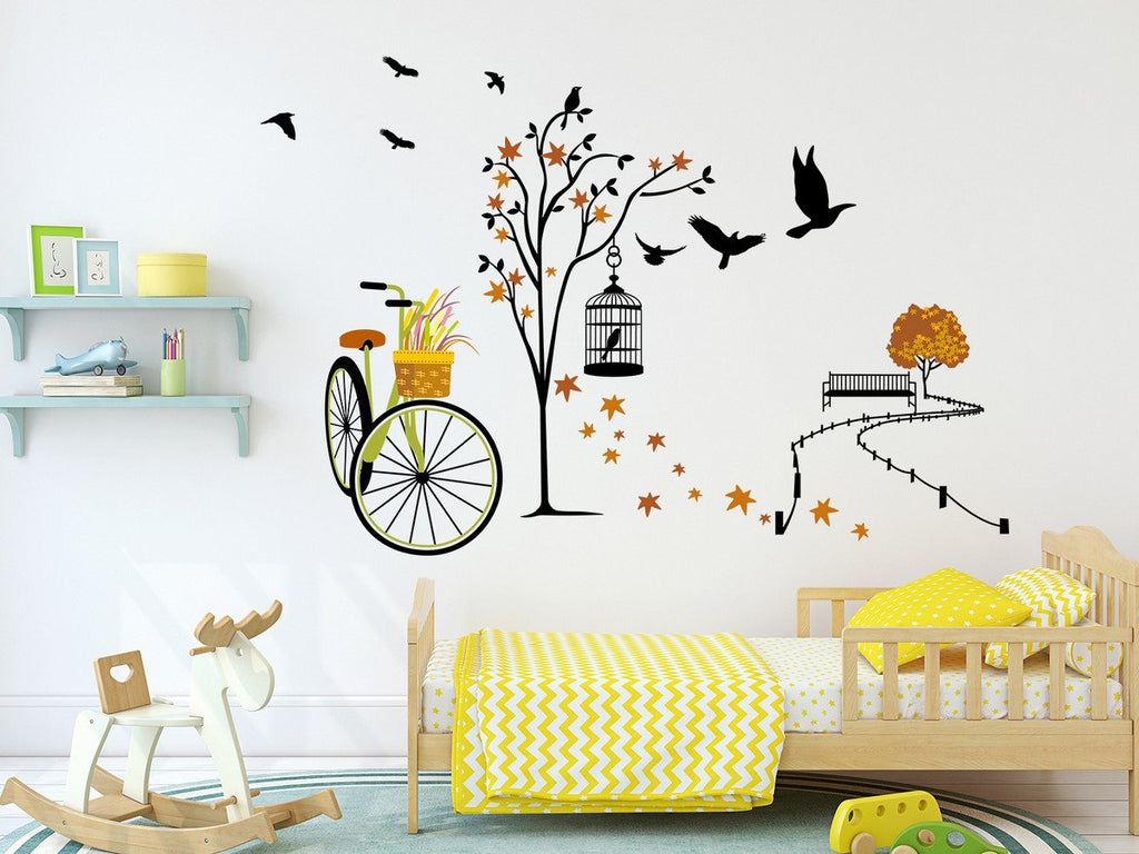 Vintage Bicycle and Autumn Tree Wall Decal Peel and Stick Whimsical Bird and Park Scene Vinyl Sticker for Nursery Decor