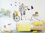 Vintage Bicycle and Autumn Tree Wall Decal Peel and Stick Whimsical Bird and Park Scene Vinyl Sticker for Nursery Decor