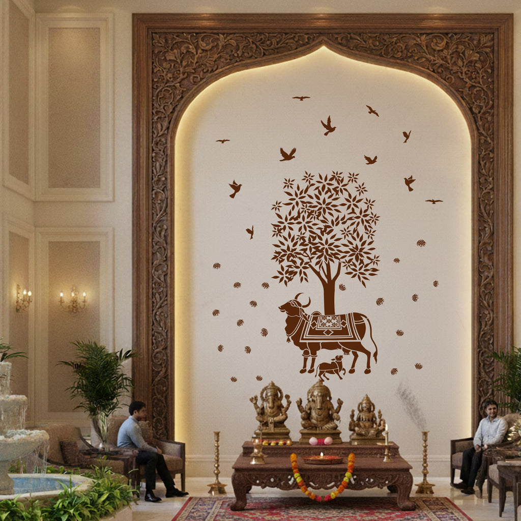 Kamadhenu Cow and Calf under Tree Wall Decal Peel and Stick Traditional Puja Room Decor with Birds and Lotus Wall Sticker