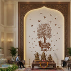 Kamadhenu Cow and Calf under Tree Wall Decal Peel and Stick Traditional Puja Room Decor with Birds and Lotus Wall Sticker