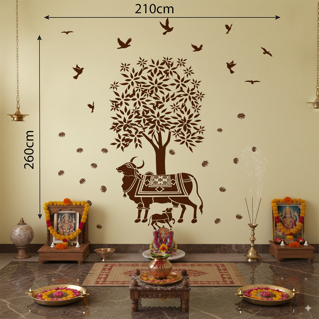 Kamadhenu Cow and Calf under Tree Wall Decal Peel and Stick Traditional Puja Room Decor with Birds and Lotus Wall Sticker
