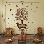Kamadhenu Cow and Calf under Tree Wall Decal Peel and Stick Traditional Puja Room Decor with Birds and Lotus Wall Sticker