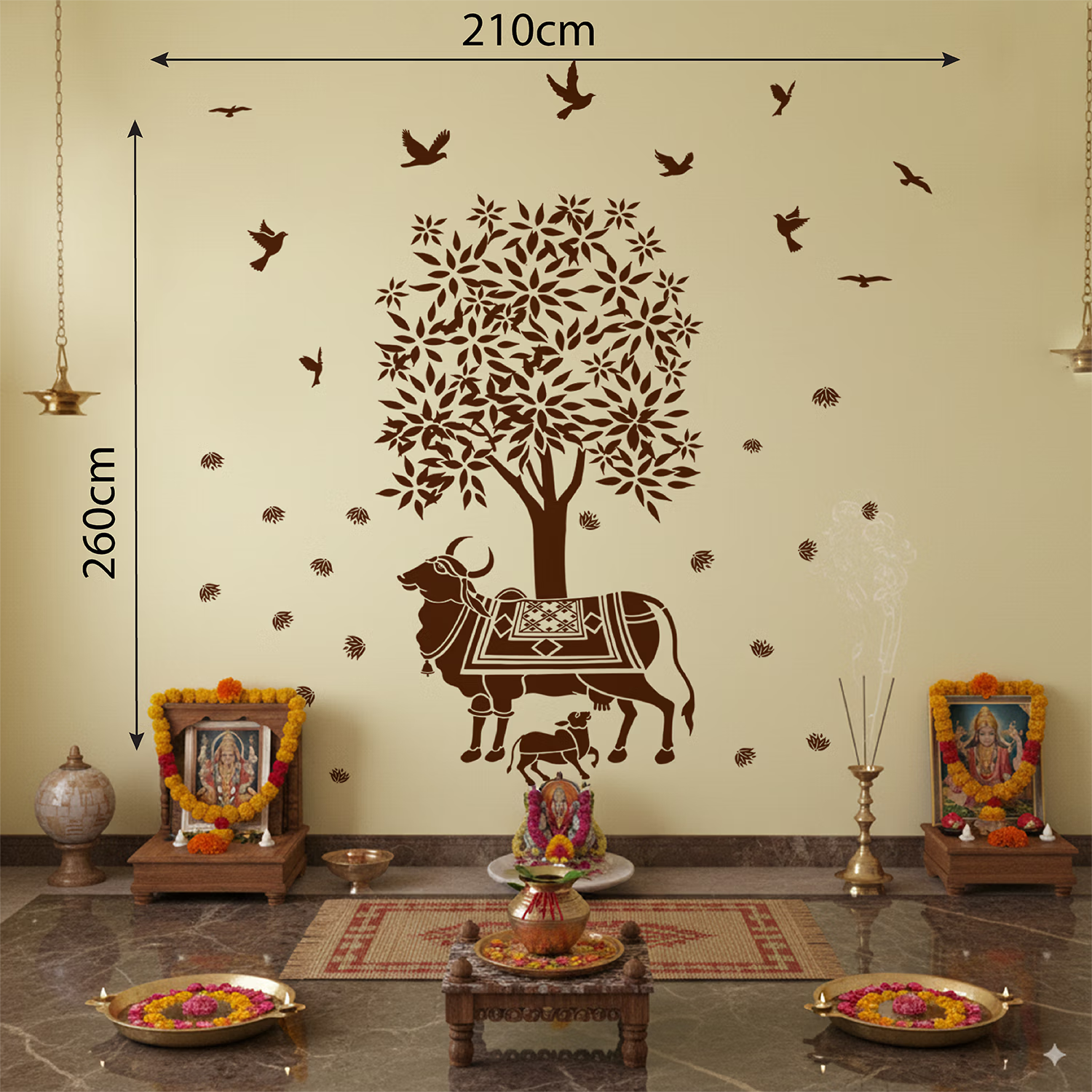 Kamadhenu Cow and Calf under Tree Wall Decal Peel and Stick Traditional Puja Room Decor with Birds and Lotus Wall Sticker