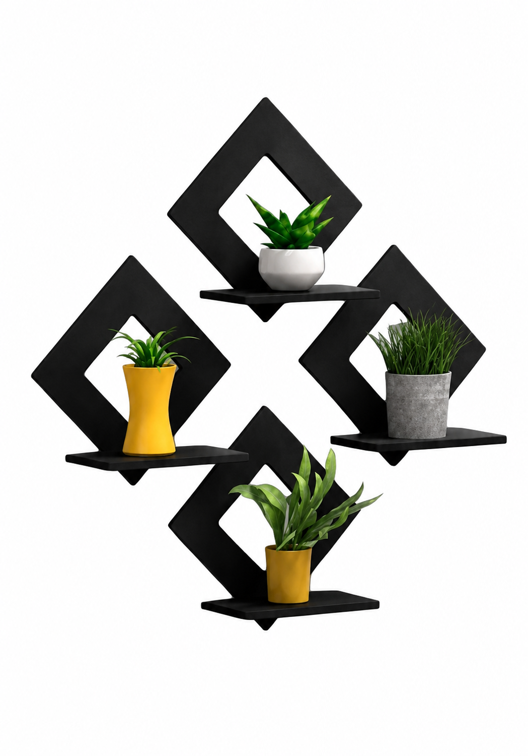 Diamond Shape Wooden Wall Shelf for Home Decor | Geometric Wall Mounted Display Rack for Living Room, Bedroom & Office ( Black)