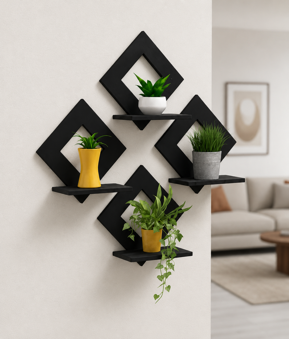 Diamond Shape Wooden Wall Shelf for Home Decor | Geometric Wall Mounted Display Rack for Living Room, Bedroom & Office ( Black)
