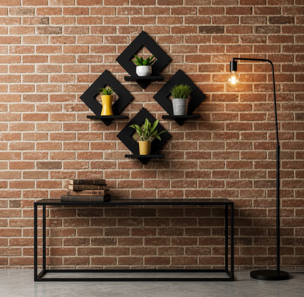 Diamond Shape Wooden Wall Shelf for Home Decor | Geometric Wall Mounted Display Rack for Living Room, Bedroom & Office ( Black)