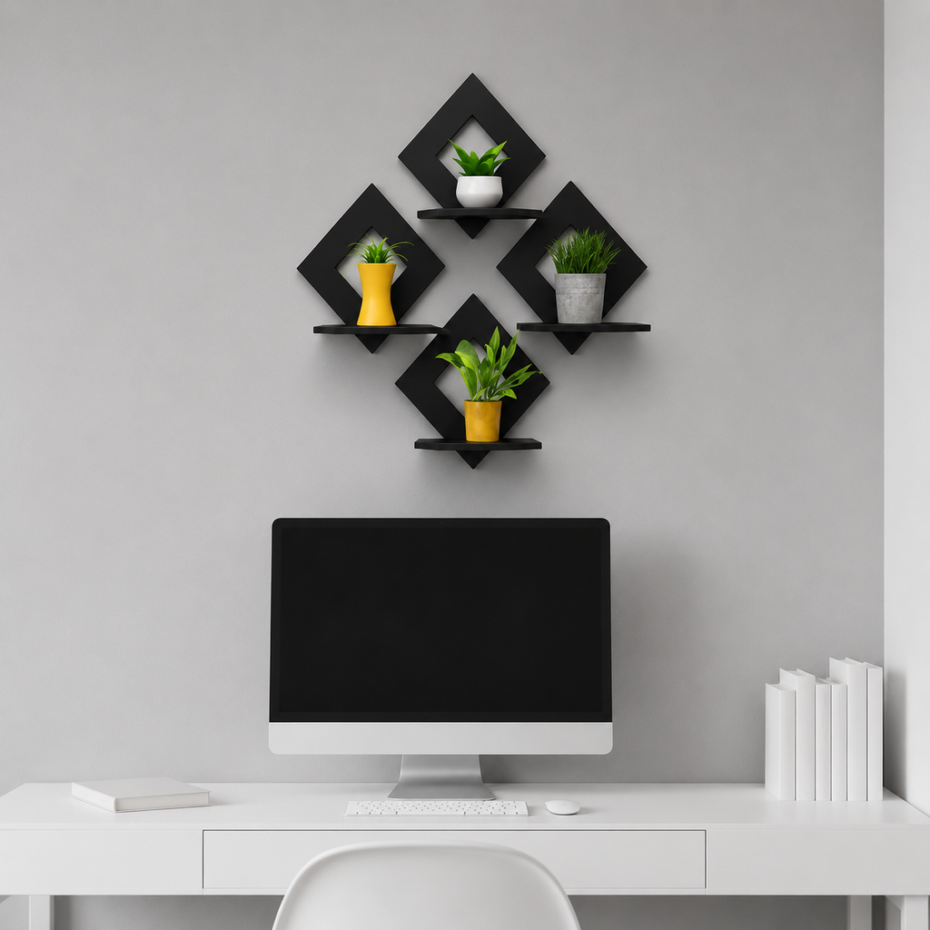 Diamond Shape Wooden Wall Shelf for Home Decor | Geometric Wall Mounted Display Rack for Living Room, Bedroom & Office ( Black)