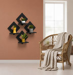 Diamond Shape Wooden Wall Shelf for Home Decor | Geometric Wall Mounted Display Rack for Living Room, Bedroom & Office ( Black) set of 8