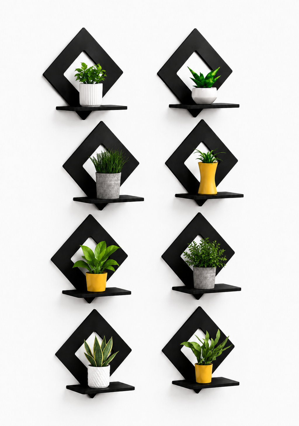 Diamond Shape Wooden Wall Shelf for Home Decor | Geometric Wall Mounted Display Rack for Living Room, Bedroom & Office ( Black) set of 8