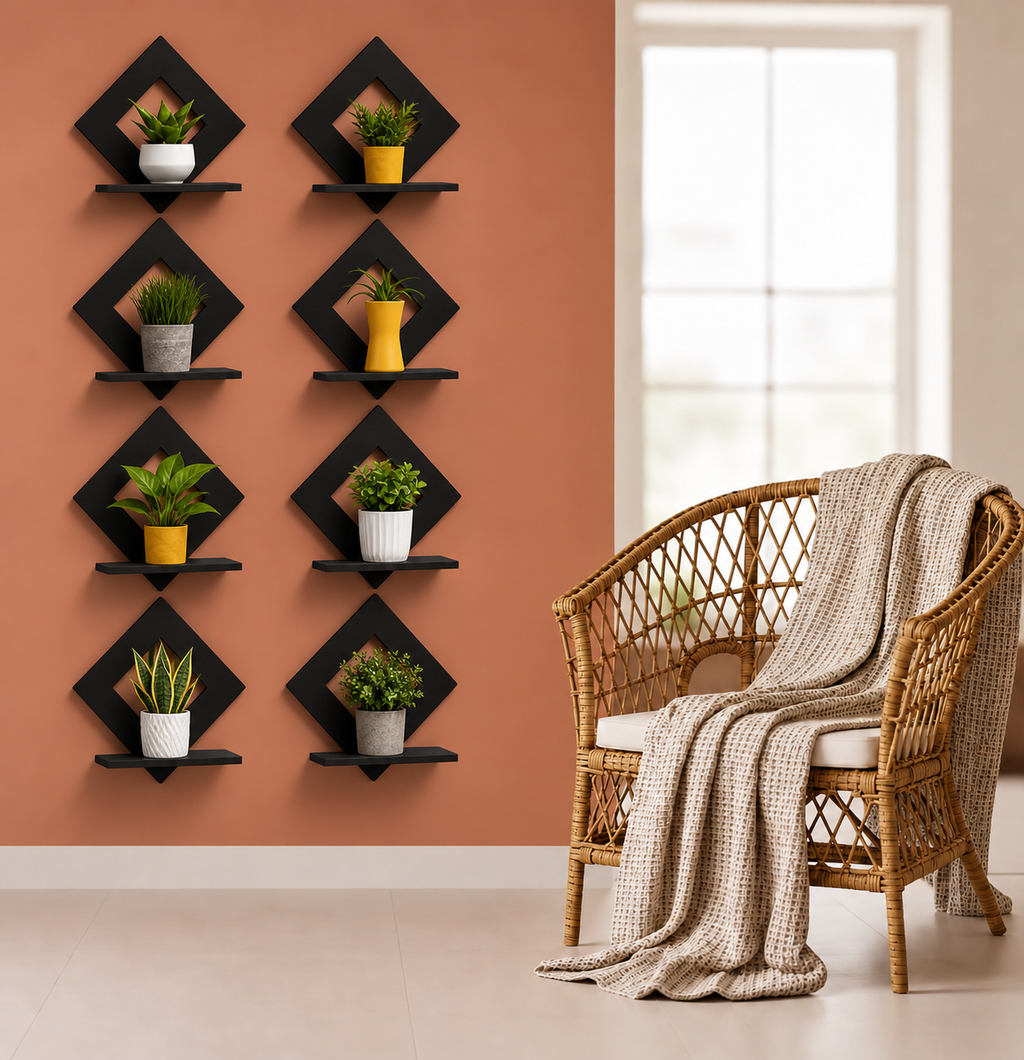 Diamond Shape Wooden Wall Shelf for Home Decor | Geometric Wall Mounted Display Rack for Living Room, Bedroom & Office ( Black) set of 8