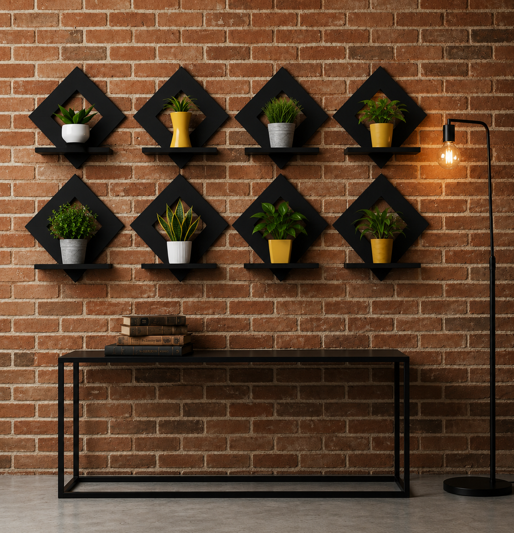 Diamond Shape Wooden Wall Shelf for Home Decor | Geometric Wall Mounted Display Rack for Living Room, Bedroom & Office ( Black) set of 8