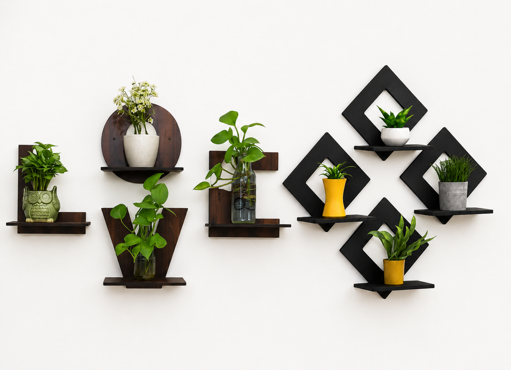 Love and Wooden Shape Wooden Wall Shelf for Home Decor | Decorative Wall Mounted Display Rack for Living Room, Bedroom & Office