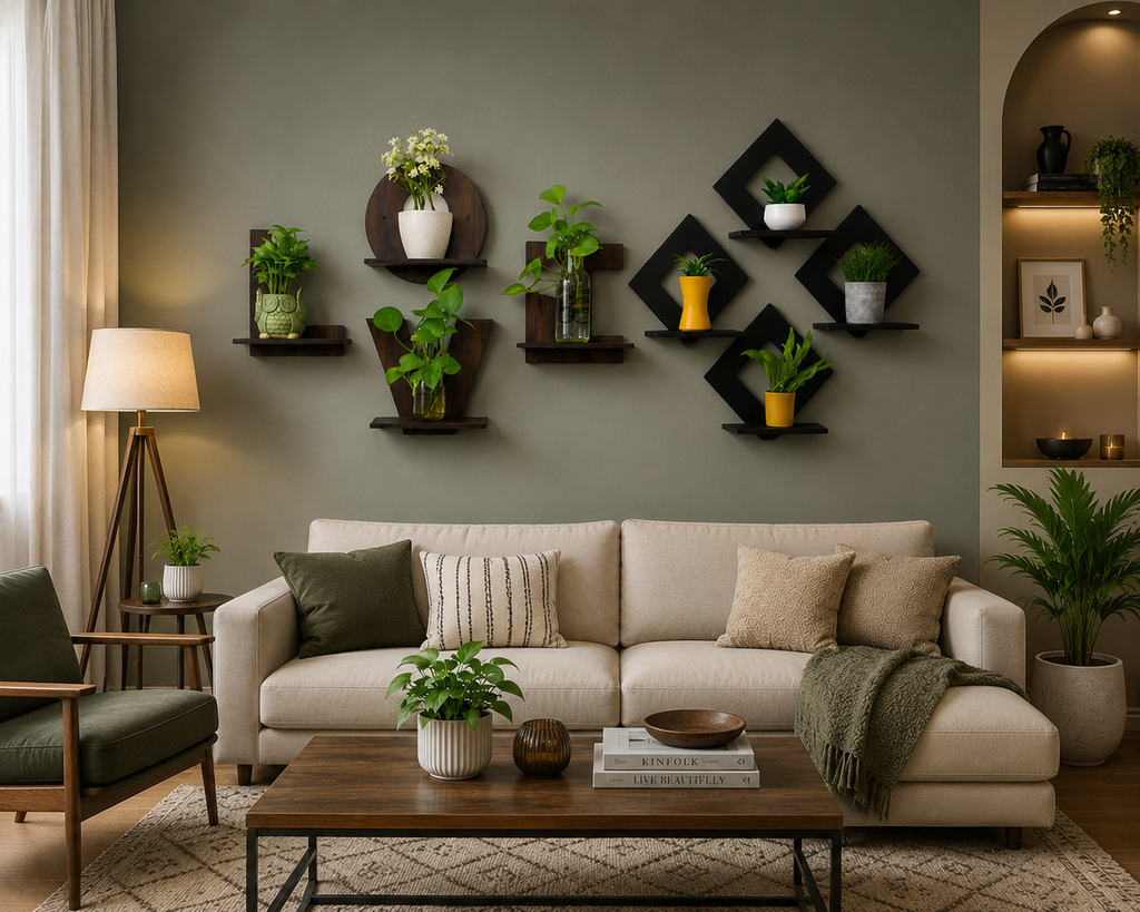 Love and Wooden Shape Wooden Wall Shelf for Home Decor | Decorative Wall Mounted Display Rack for Living Room, Bedroom & Office