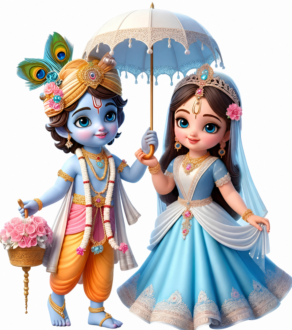 Cute Bal Radha Krishna with Umbrella Wall Sticker - Divine Love 3D Art (48 cm) Premium Spiritual Wall Decal for Kids' Room, Nursery, and Modern Home Decor