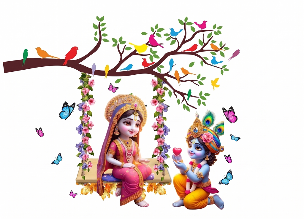 Radha Krishna Floral Jhoola Wall Sticker with Colorful Birds and Tree Branch - 76cm x 60cm Premium Kids' Room Spiritual Wall Decal for Playful and Auspicious Home Decor