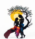 Modern Radha Krishna Silhouette Wall Sticker under Golden Sun - 24 Inch Art Decal Premium Minimalist Spiritual Wall Decor for Living Room, Bedroom, and Office