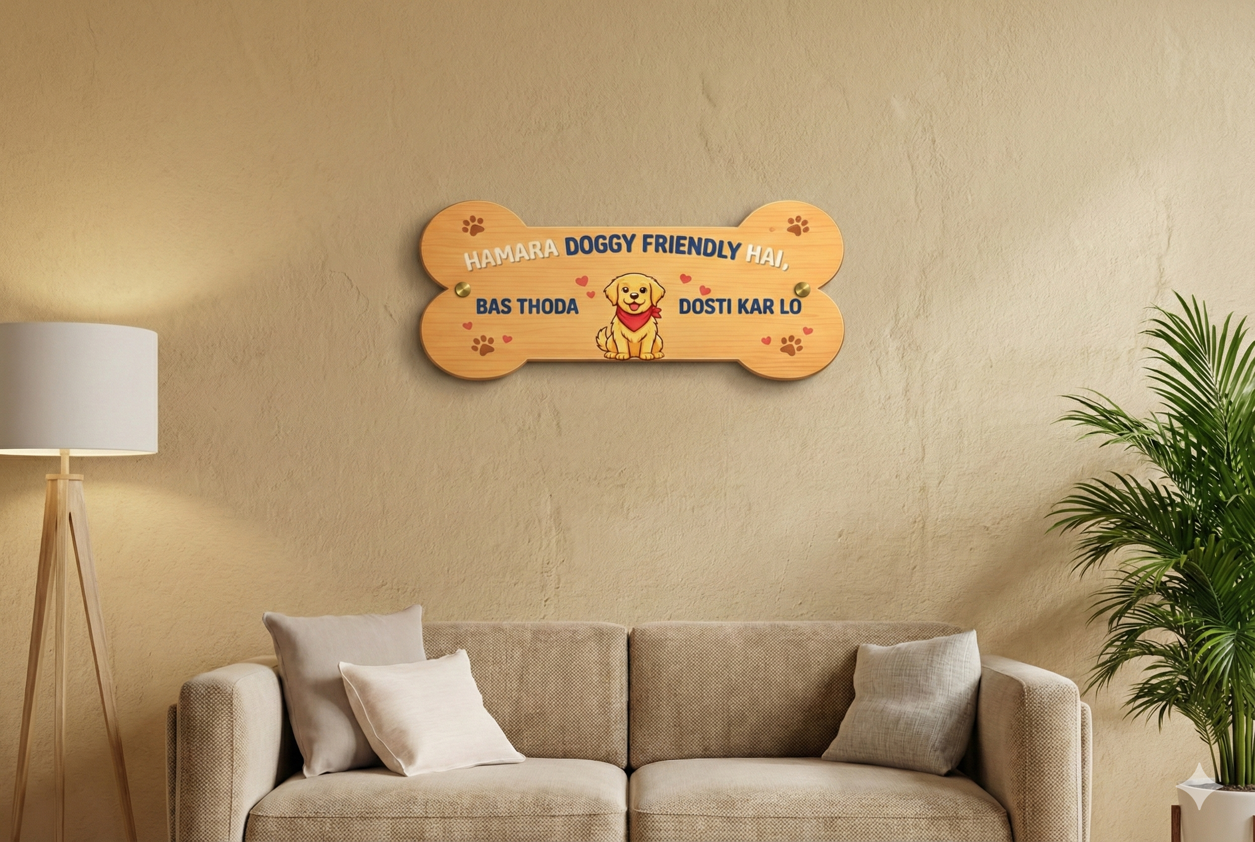 Friendly Pet Wall Decor | 12x6 Inches | Bone Shaped Wooden Sign | For Entrance/Living Room/Pet Area