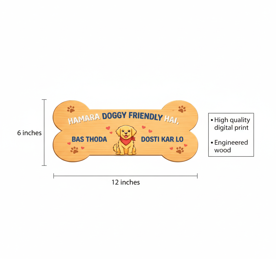 Friendly Pet Wall Decor | 12x6 Inches | Bone Shaped Wooden Sign | For Entrance/Living Room/Pet Area