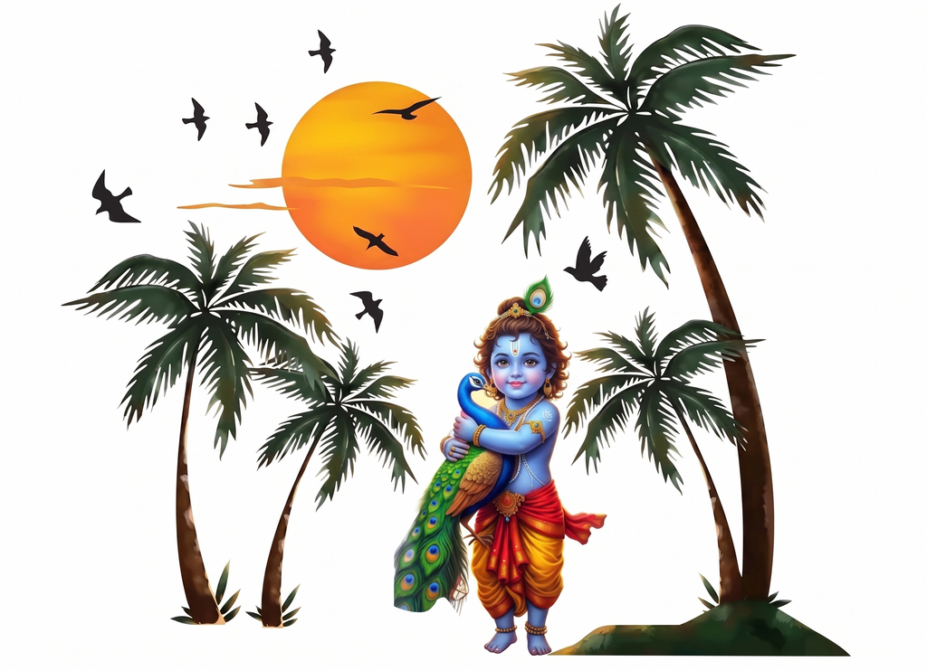 Divine Bal Krishna with Peacock Sunset Wall Sticker - Tropical Palm Tree Art (76 cm) Premium Large Spiritual Wall Decal for Living Room, Bedroom, and Modern Home Decor