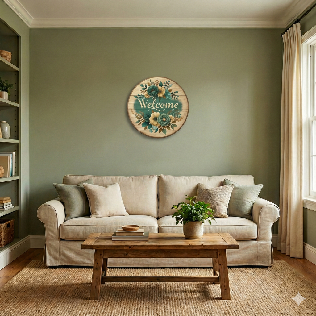 Elegant Teal & Cream Floral Welcome Wall Decor | 12x12 Inches | For Entrance/Living Room/Balcony