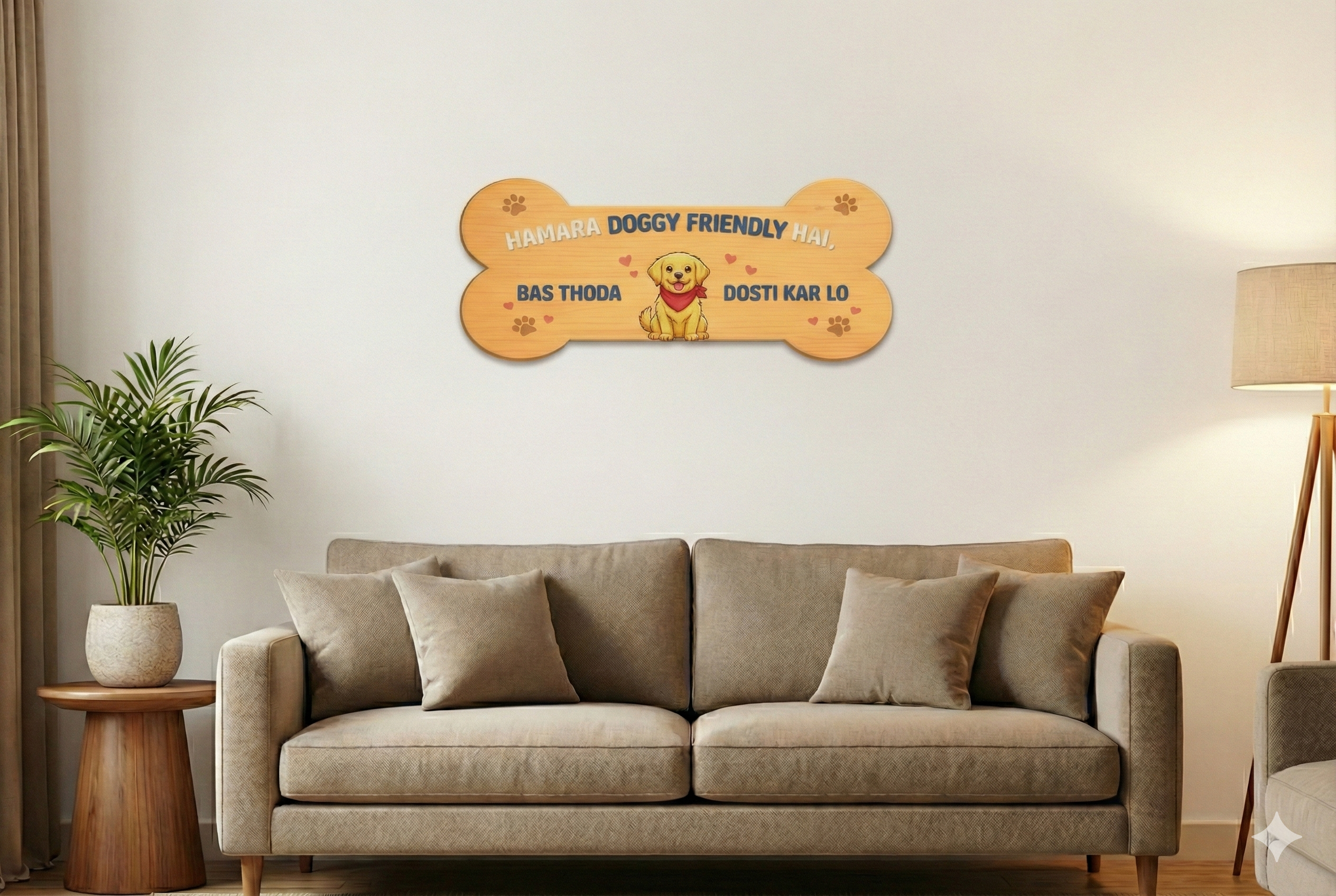 Friendly Pet Wall Decor | 12x6 Inches | Bone Shaped Wooden Sign | For Entrance/Living Room/Pet Area