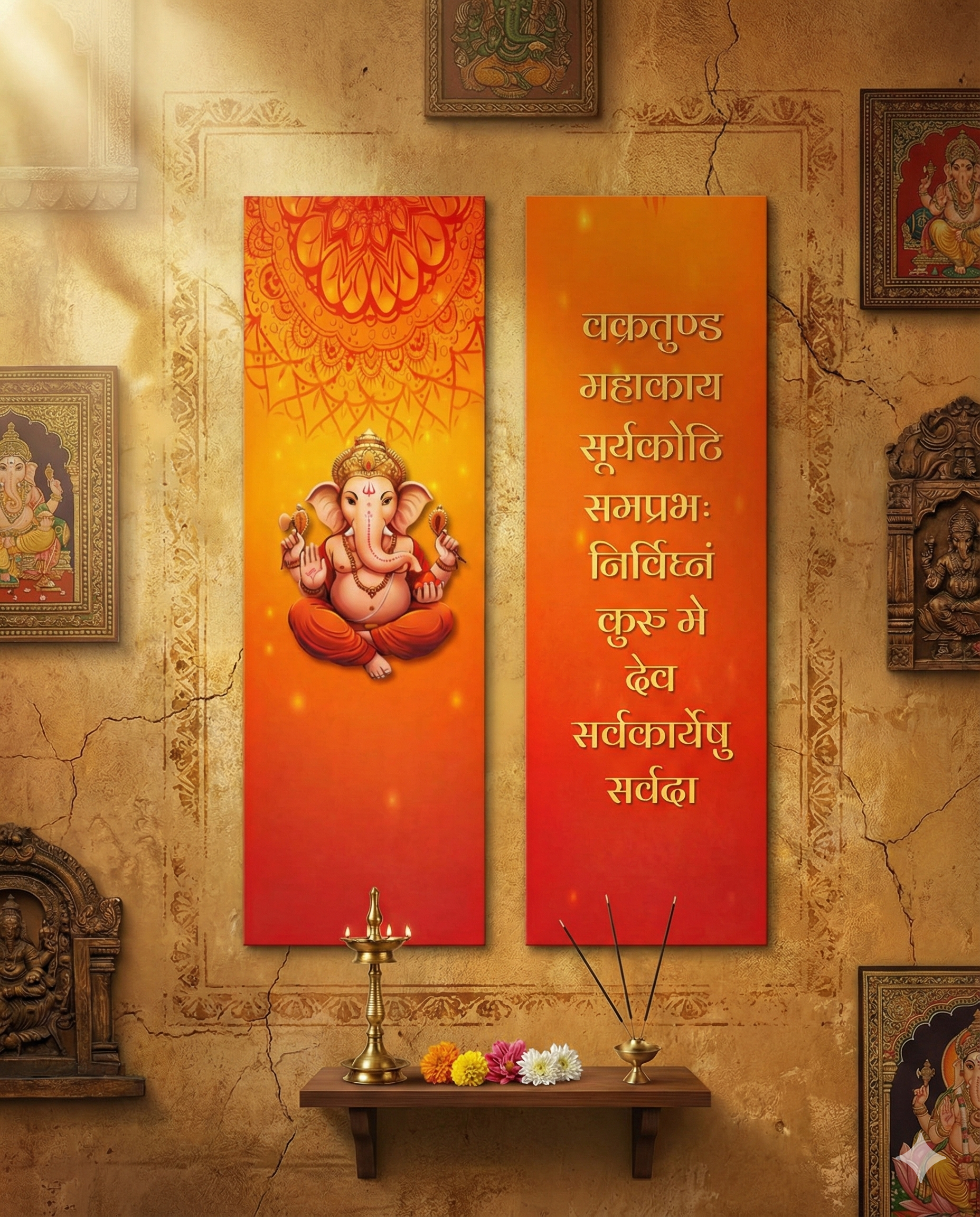Spiritual Ganesha & Vakratunda Mahakaya Shloka Wall Decor | 18x6 Inches | Set of 2 | For Pooja Room/Living Room/Entrance