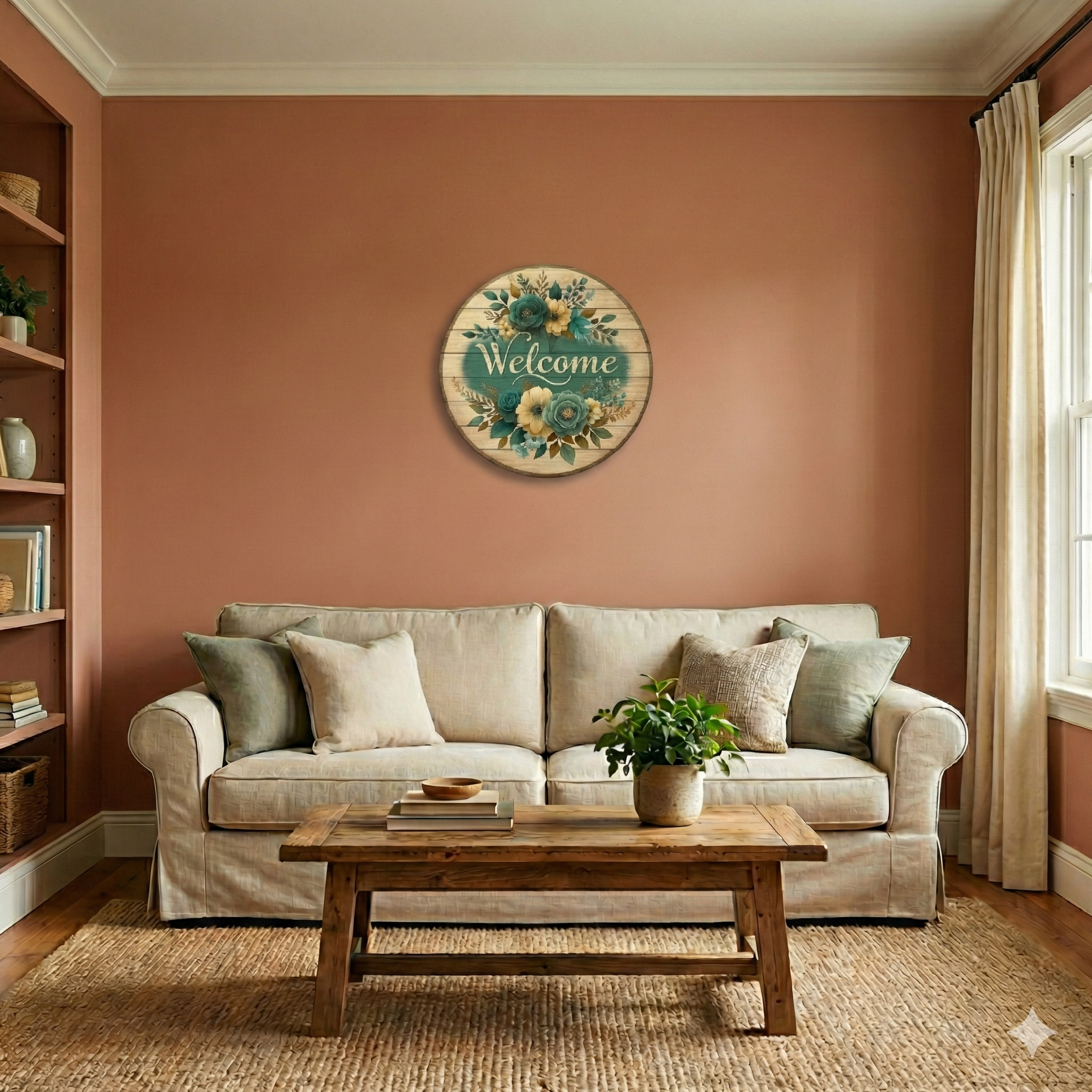 Elegant Teal & Cream Floral Welcome Wall Decor | 12x12 Inches | For Entrance/Living Room/Balcony