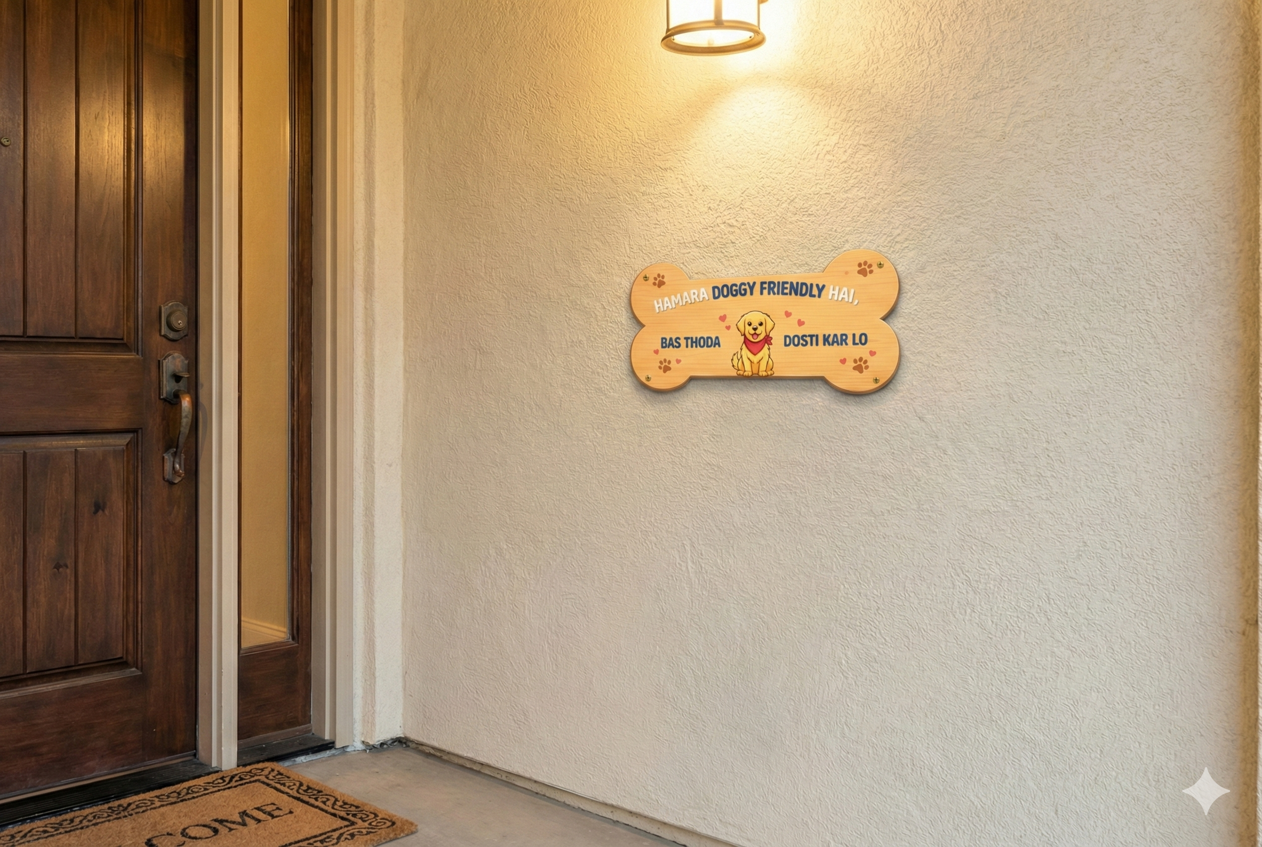 Friendly Pet Wall Decor | 12x6 Inches | Bone Shaped Wooden Sign | For Entrance/Living Room/Pet Area