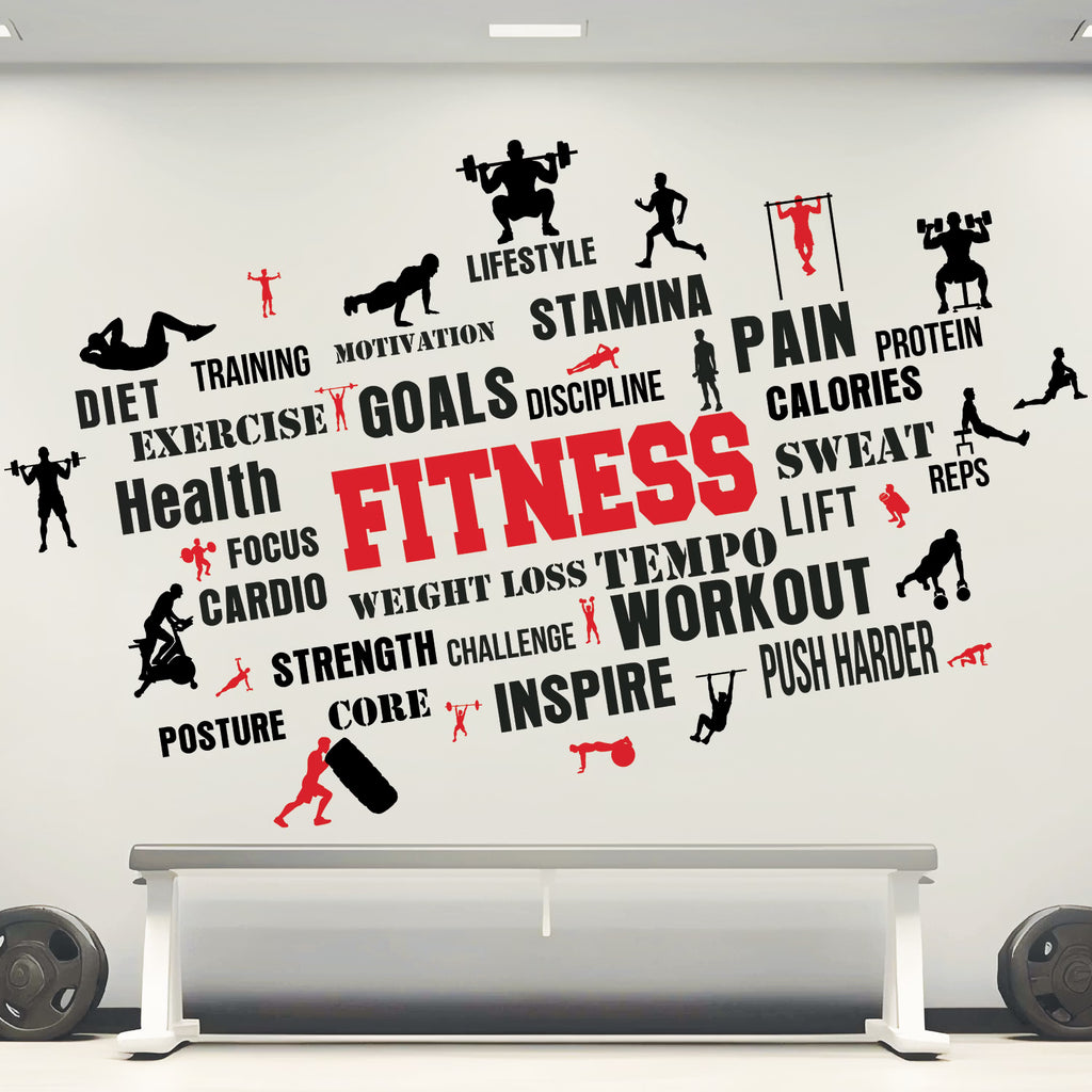 Fitness Motivation Word Cloud Wall Decal Peel and Stick Sticker Large Workout Gym Wall Art for Home Gym and Fitness Studio Decor