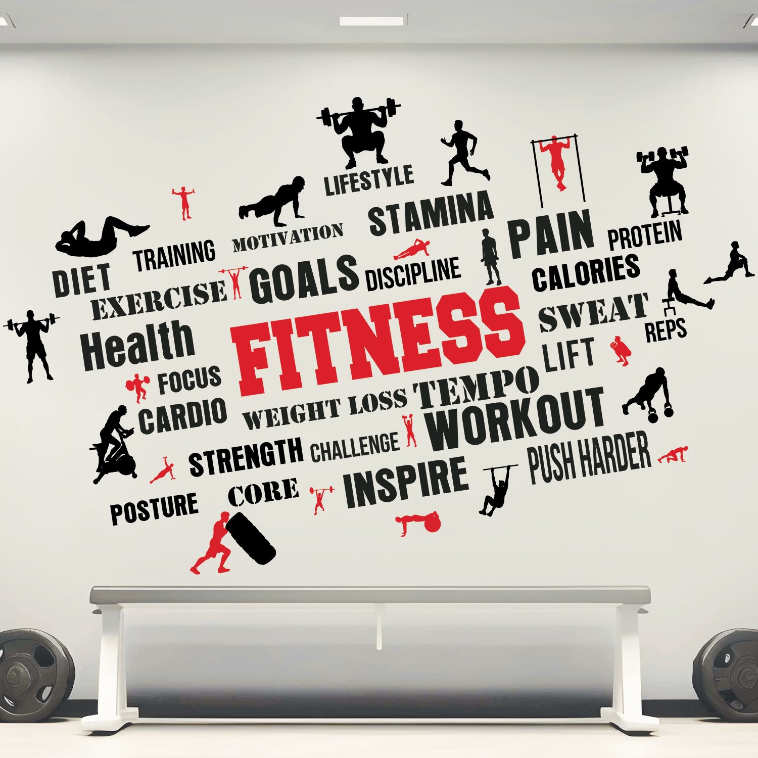 Fitness Motivation Word Cloud Wall Decal Peel and Stick Sticker Large Workout Gym Wall Art for Home Gym and Fitness Studio Decor