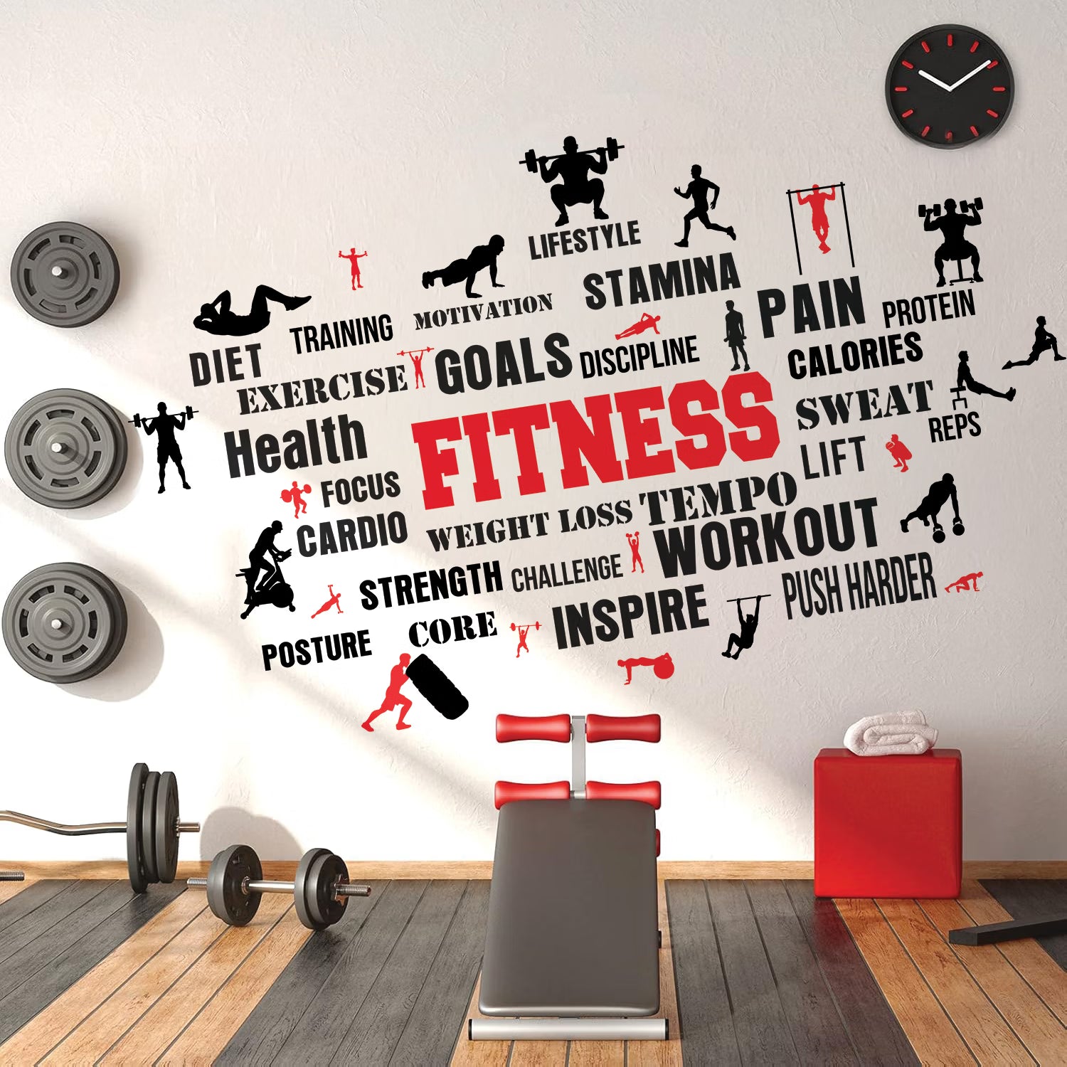 Fitness Motivation Word Cloud Wall Decal Peel and Stick Sticker Large Workout Gym Wall Art for Home Gym and Fitness Studio Decor