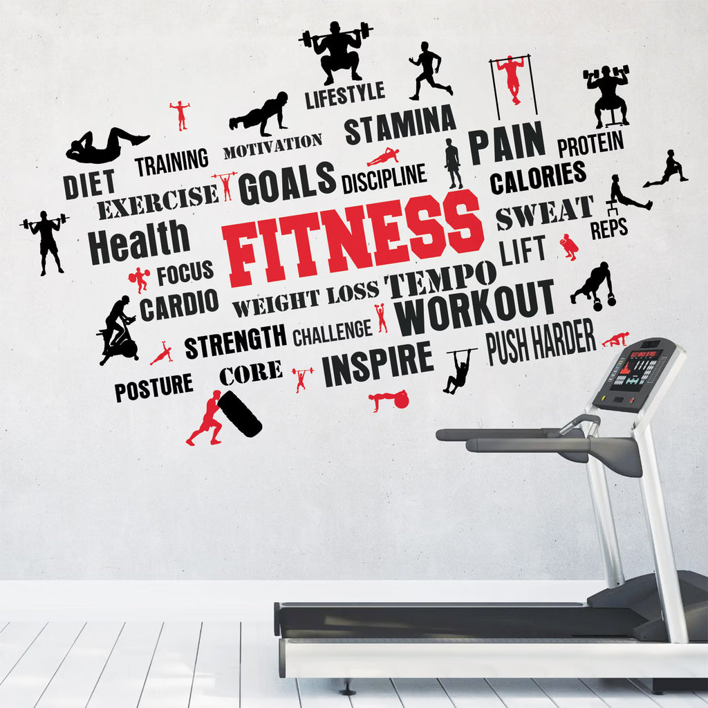Fitness Motivation Word Cloud Wall Decal Peel and Stick Sticker Large Workout Gym Wall Art for Home Gym and Fitness Studio Decor