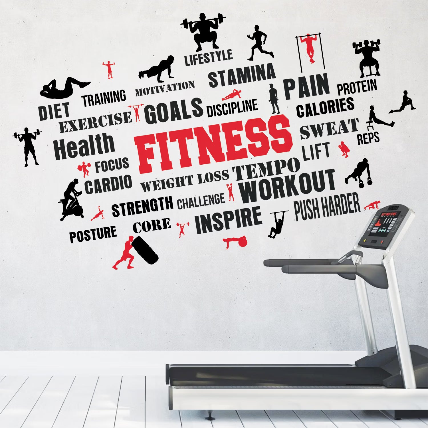 Fitness Motivation Word Cloud Wall Decal Peel and Stick Sticker Large Workout Gym Wall Art for Home Gym and Fitness Studio Decor