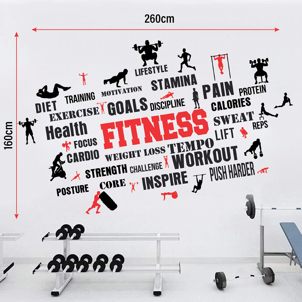 Fitness Motivation Word Cloud Wall Decal Peel and Stick Sticker Large Workout Gym Wall Art for Home Gym and Fitness Studio Decor