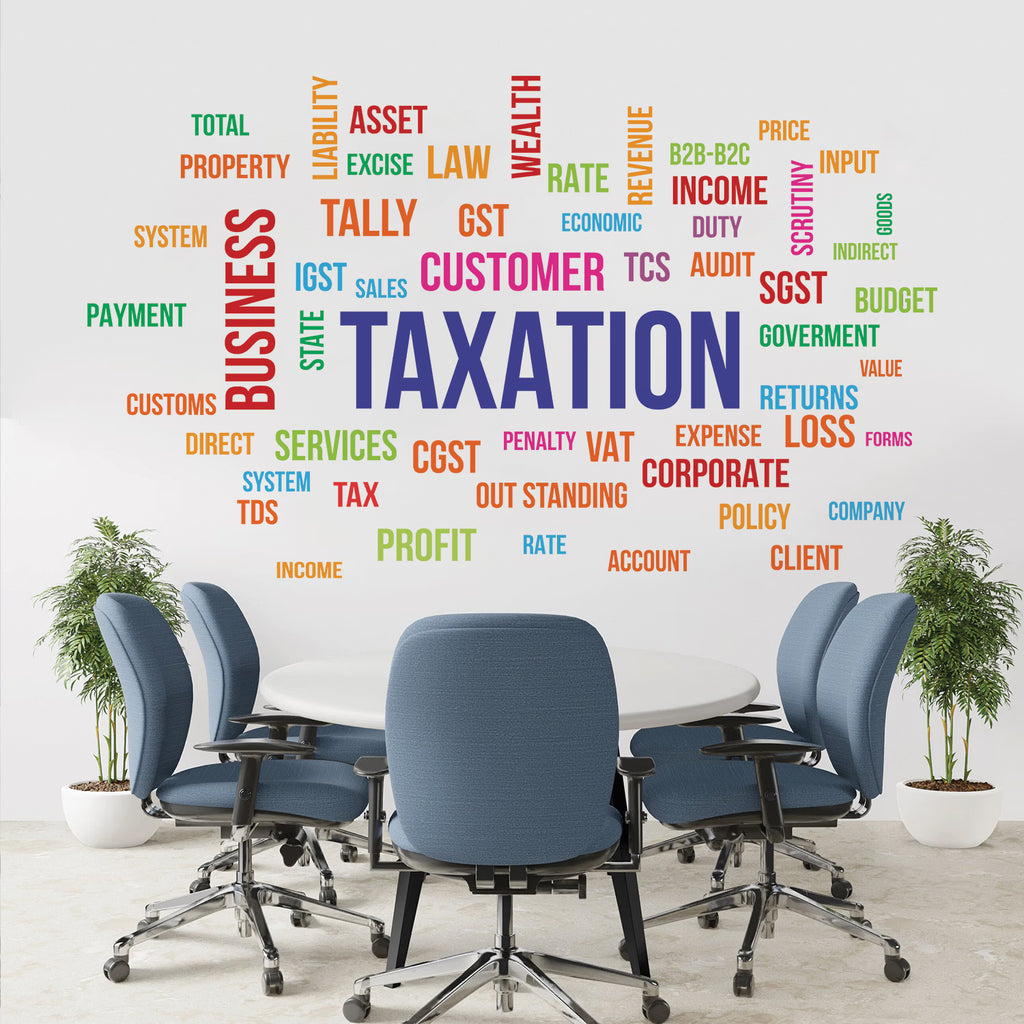 Taxation and Finance Word Cloud Wall Decal Peel and Stick Professional GST and Accounting Office Decor for CA Firms