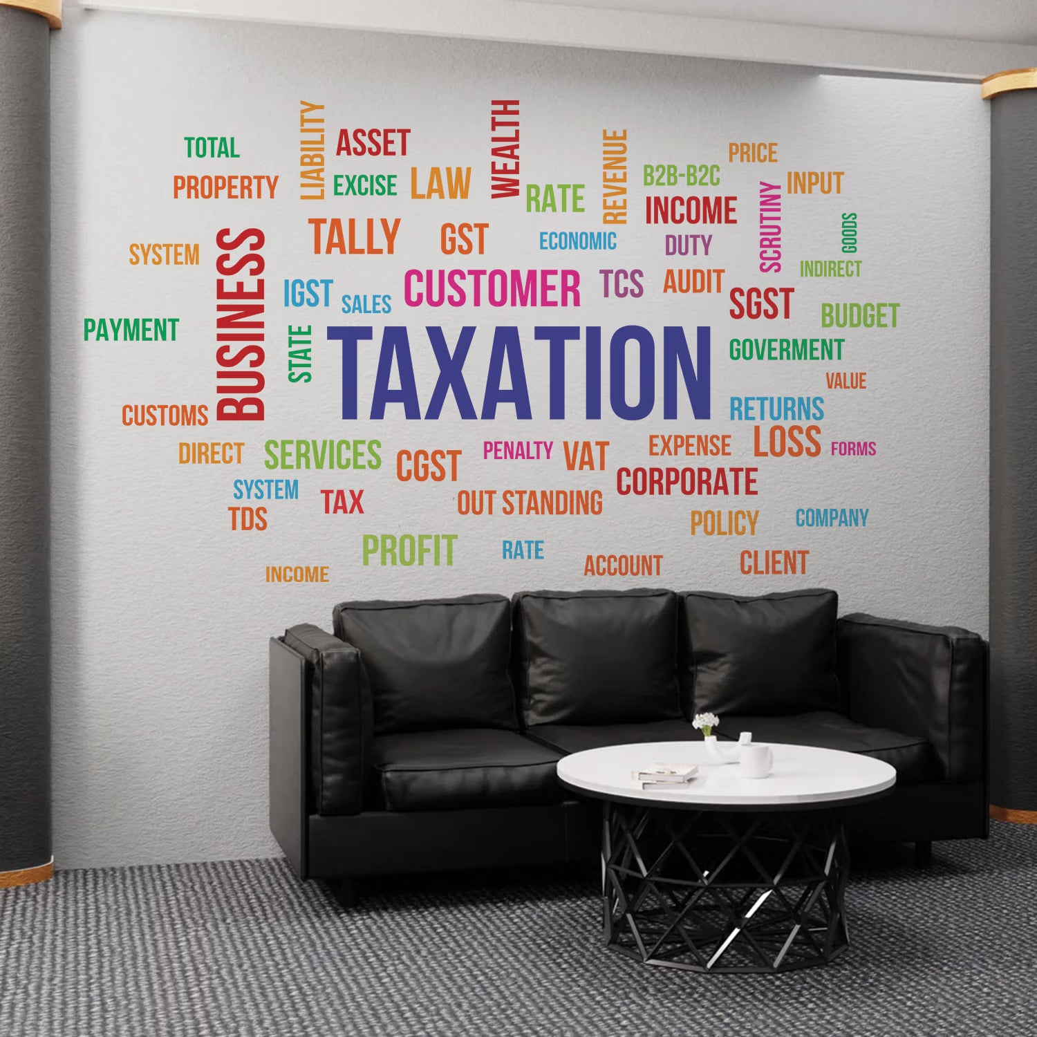Taxation and Finance Word Cloud Wall Decal Peel and Stick Professional GST and Accounting Office Decor for CA Firms