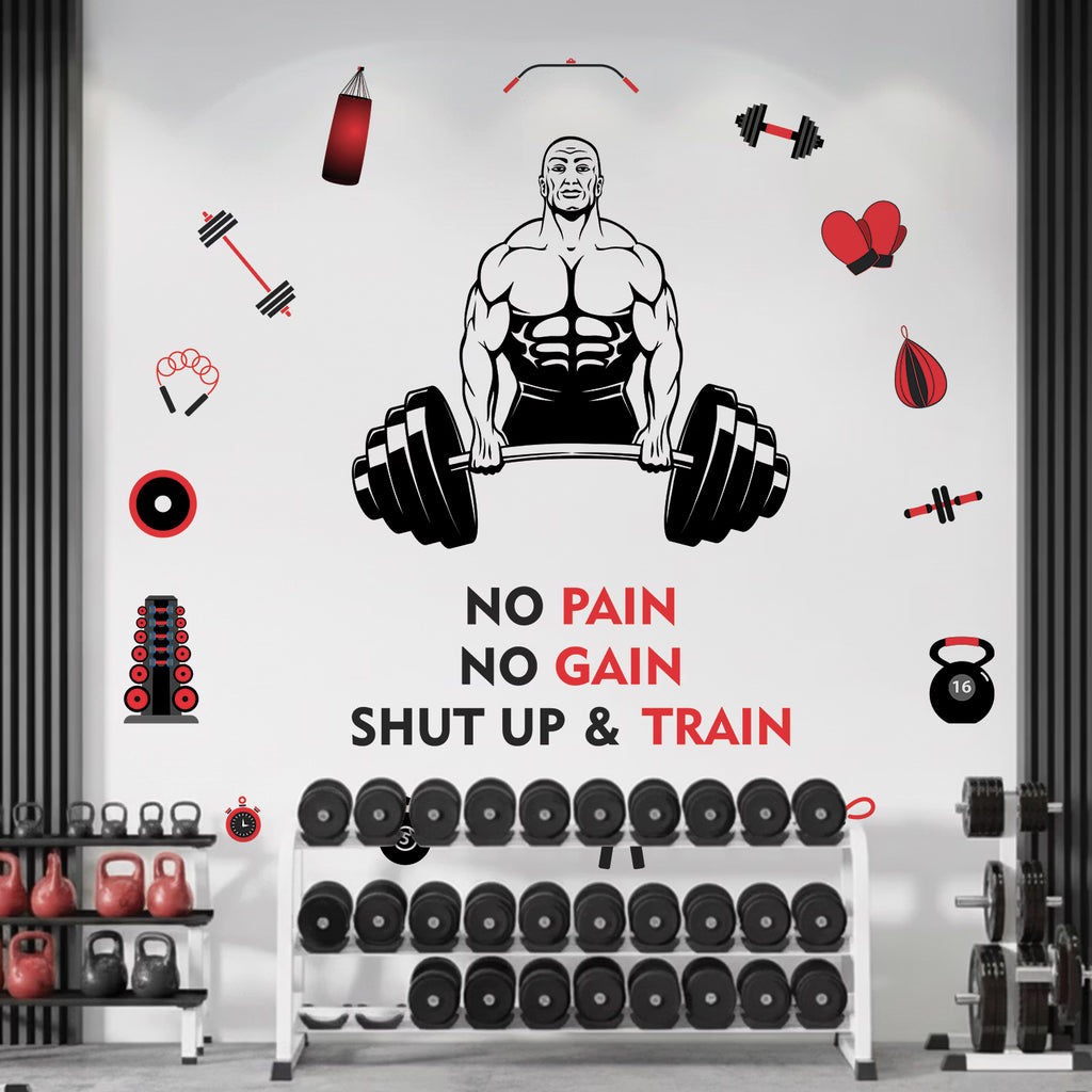 No Pain No Gain Shut Up and Train Gym Wall Decal Sticker Bodybuilder Deadlift Silhouette for Home Workout and Fitness Studio