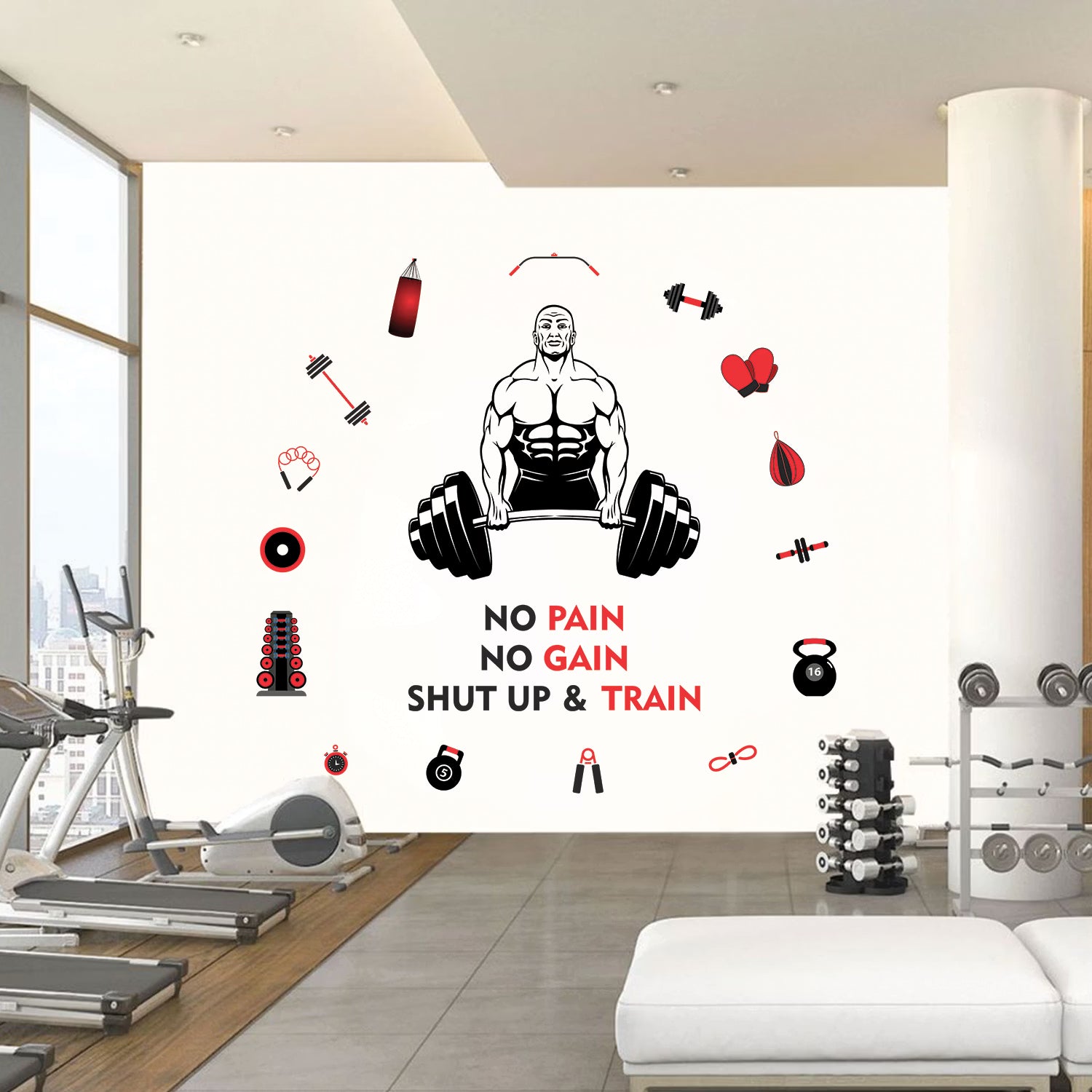 No Pain No Gain Shut Up and Train Gym Wall Decal Sticker Bodybuilder Deadlift Silhouette for Home Workout and Fitness Studio