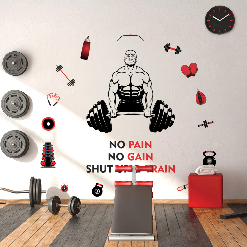 No Pain No Gain Shut Up and Train Gym Wall Decal Sticker Bodybuilder Deadlift Silhouette for Home Workout and Fitness Studio