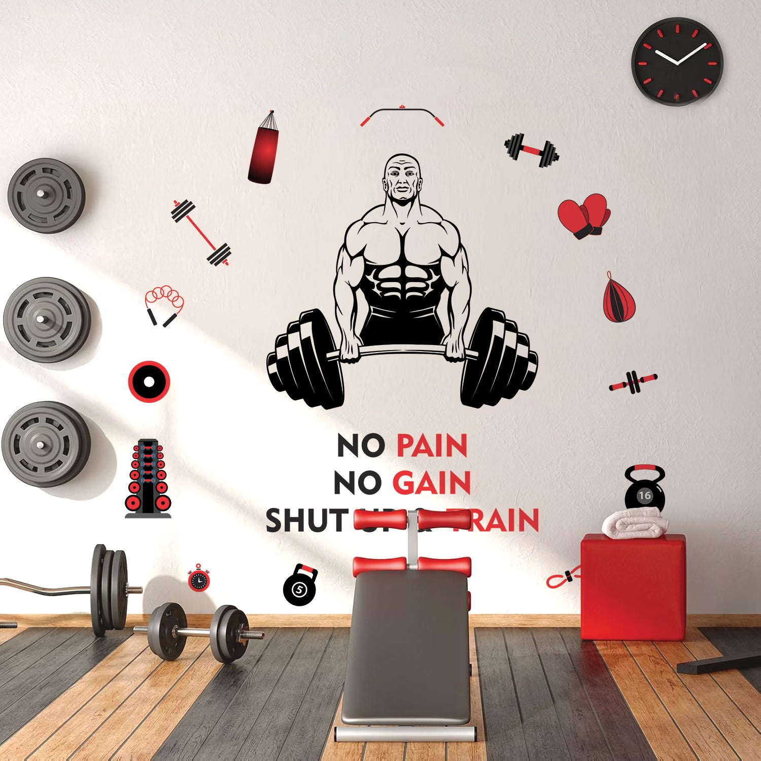No Pain No Gain Shut Up and Train Gym Wall Decal Sticker Bodybuilder Deadlift Silhouette for Home Workout and Fitness Studio