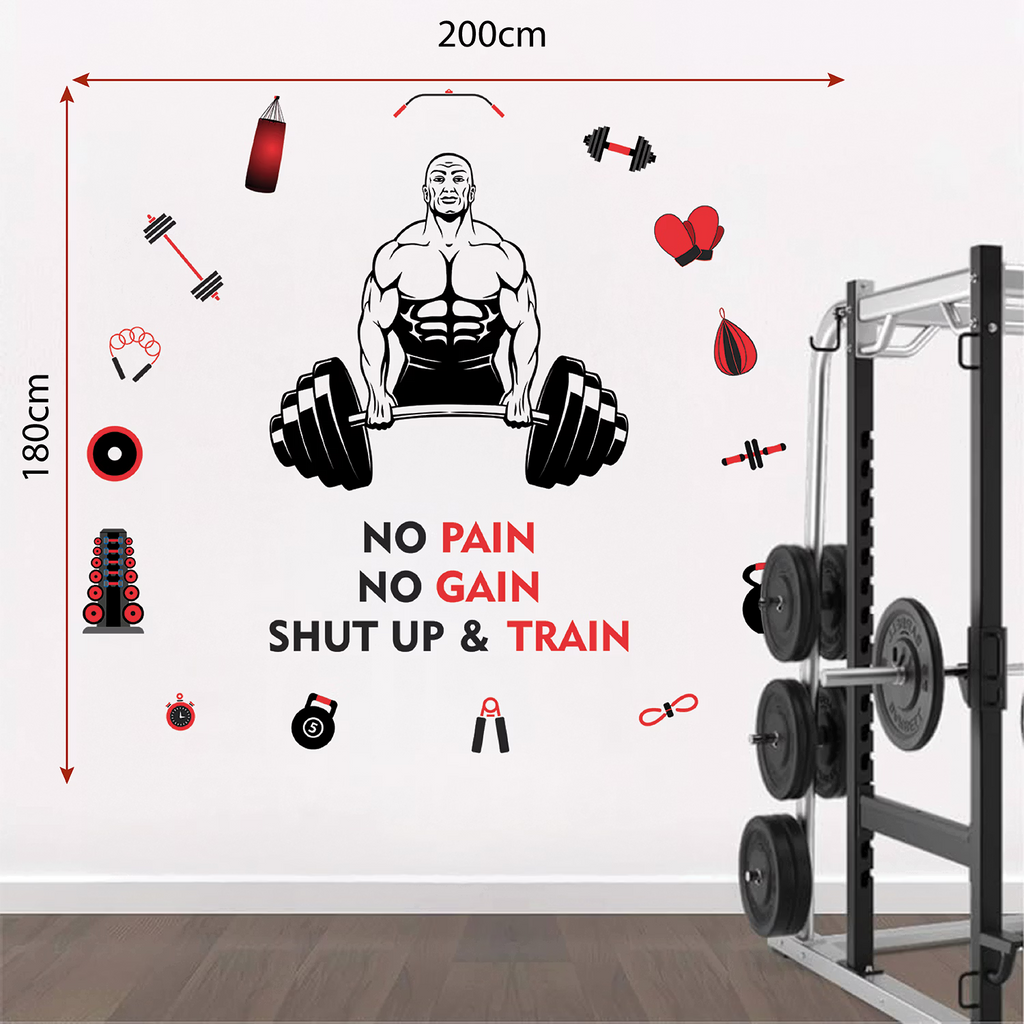 No Pain No Gain Shut Up and Train Gym Wall Decal Sticker Bodybuilder Deadlift Silhouette for Home Workout and Fitness Studio