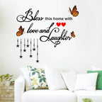 Bless This Home with Love and Laughter Wall Sticker - Butterfly and Stars Art (50x35 cm) Premium Family Quote Vinyl Decal for Living Room, Hallway, and Home Entrance Decor