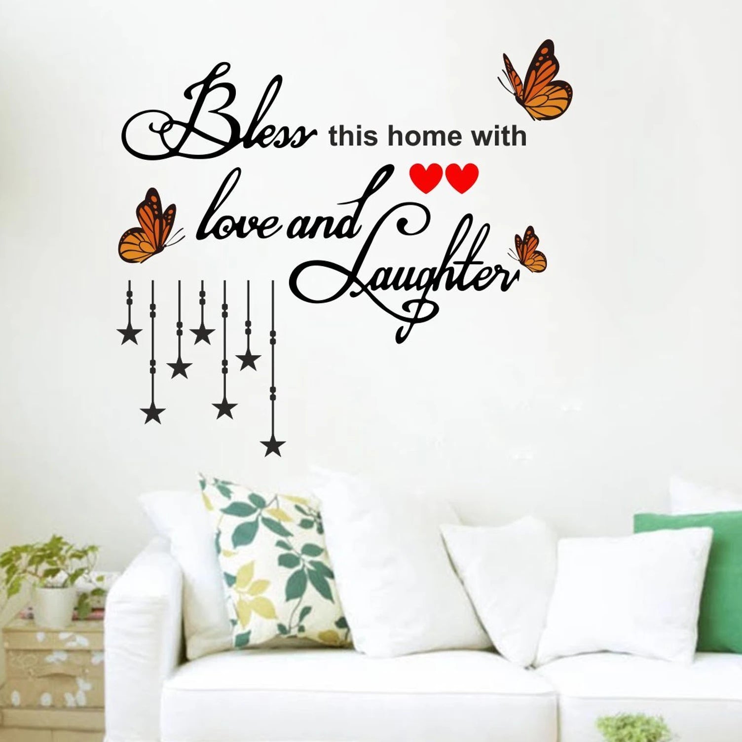 Bless This Home with Love and Laughter Wall Sticker - Butterfly and Stars Art (50x35 cm) Premium Family Quote Vinyl Decal for Living Room, Hallway, and Home Entrance Decor