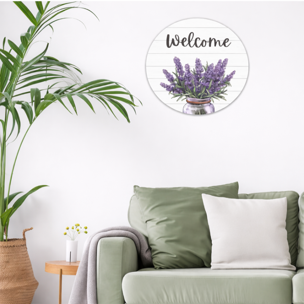 MDF  decorative 'Welcome' wall hanging with beautiful refreshing lavender flowers.