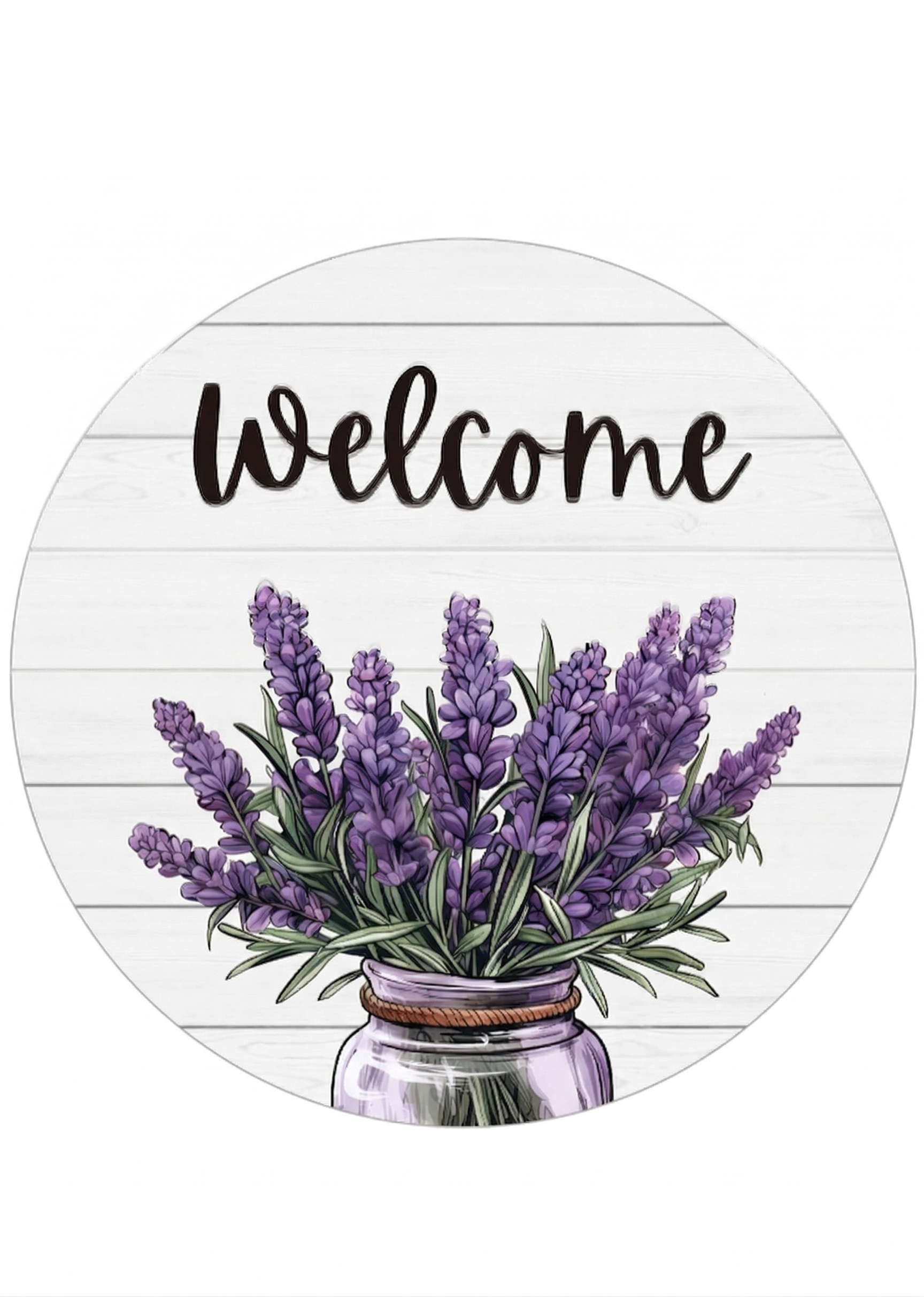 Round sign MDF Decor with lavender flowers and 'Welcome' text on a white background