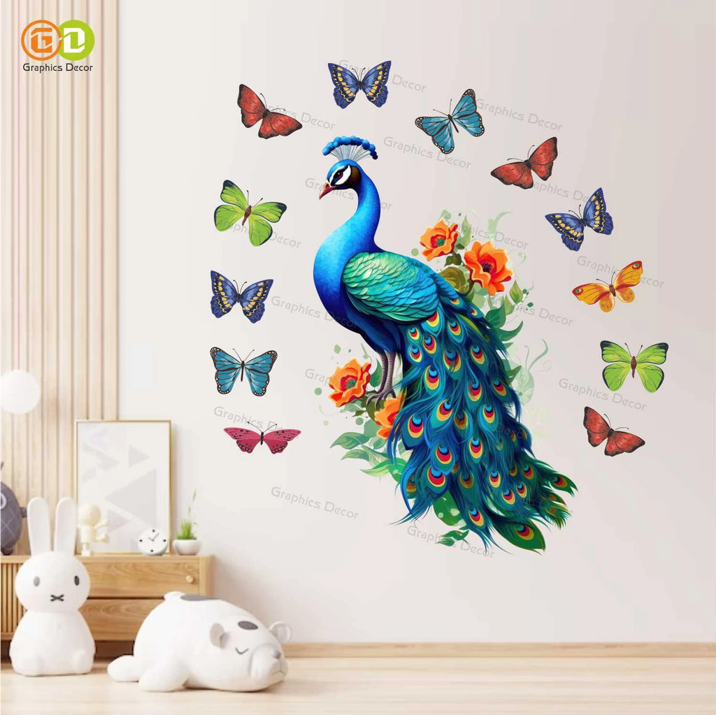 Green 3D Peacock with Butterflies Wall Stickers (61x66 cm) (Multicolor)